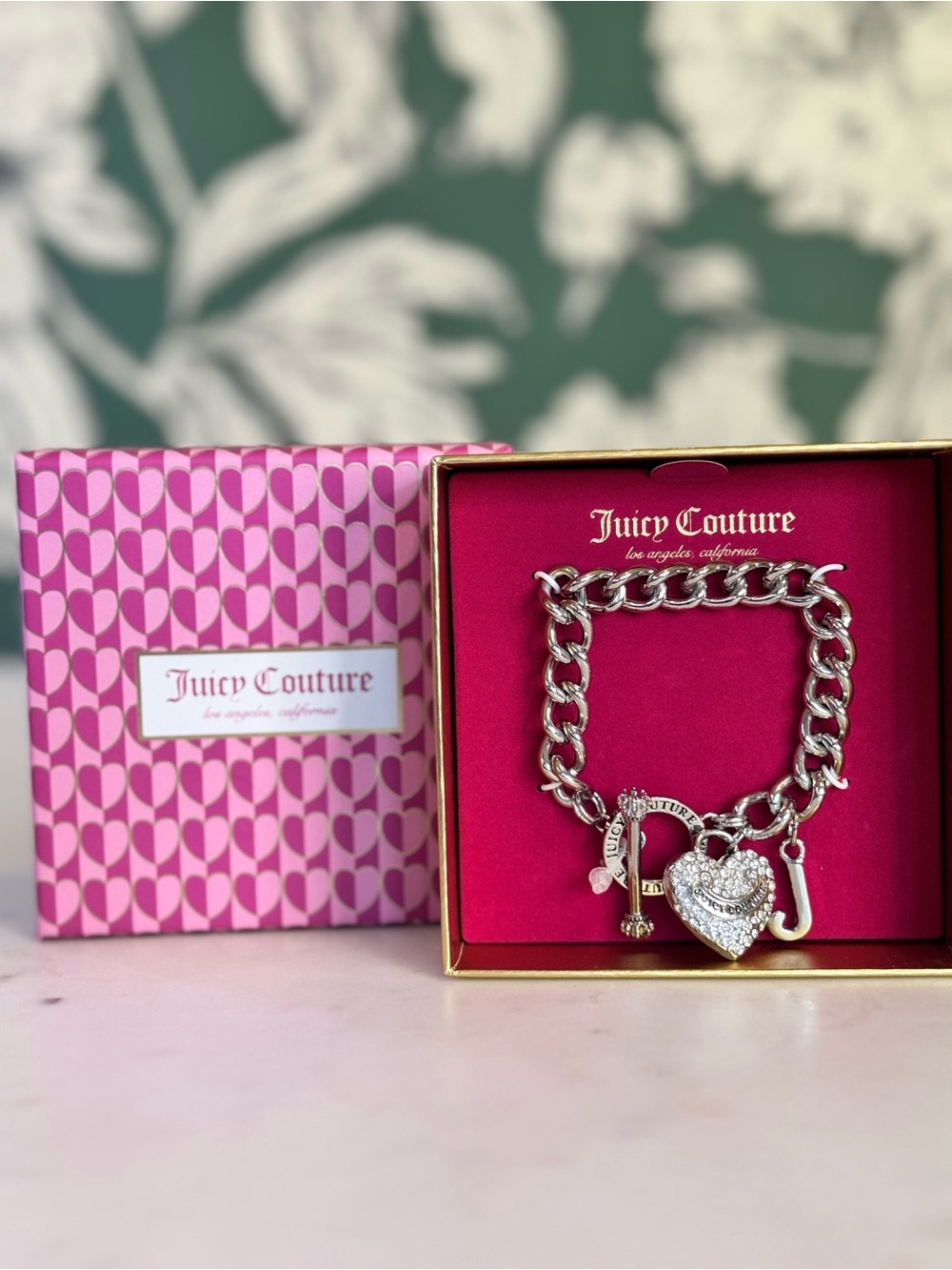 Juicy Couture Silver Charm Chain Bracelet with Rhinestone Heart on Pink Box
